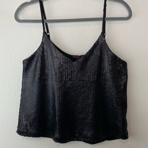 Material Girl Sequin Camisole Cami Black Matte Small Y2K Stretch Tank Top Crop - Picture 9 of 9